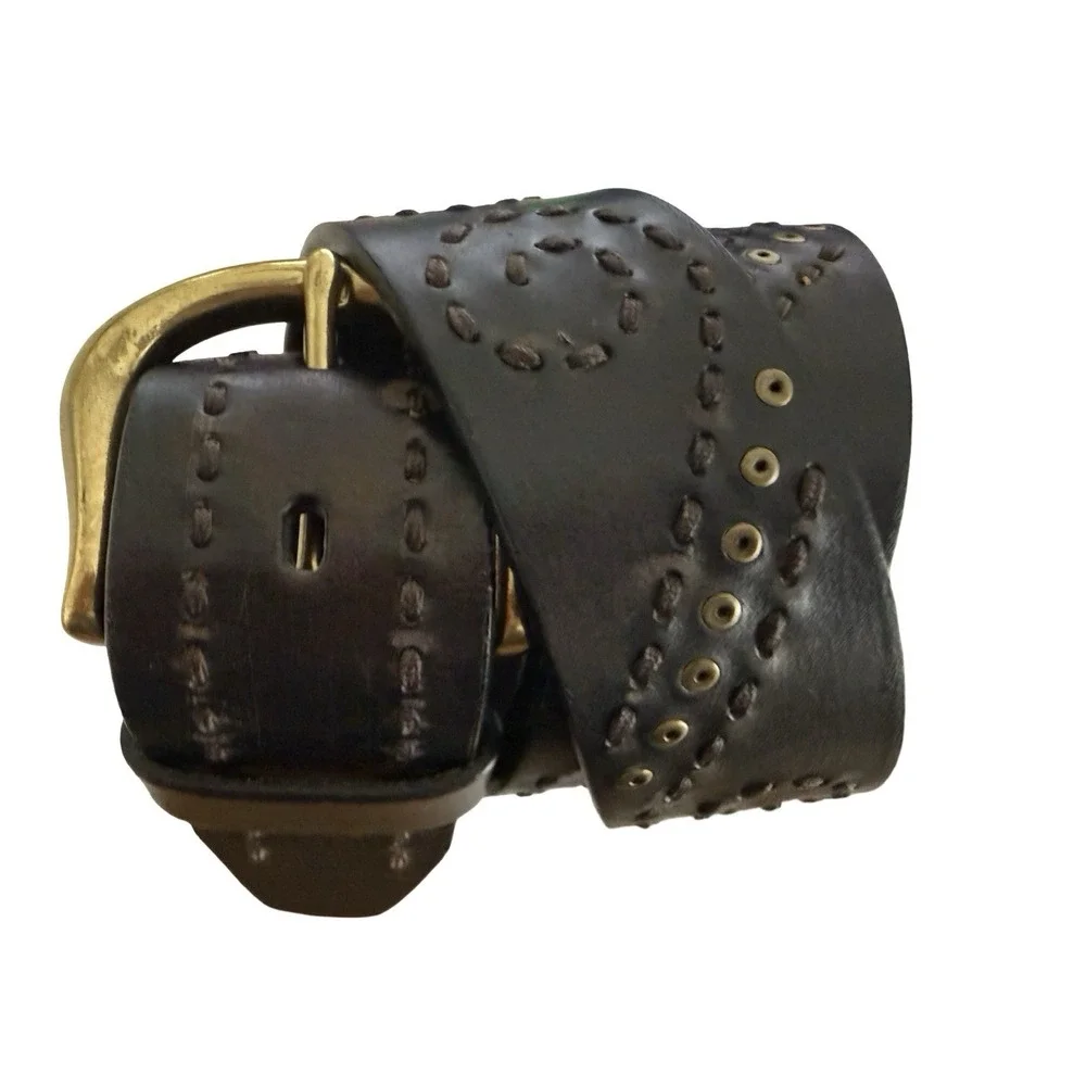 Olga Santini Women's Belt Size large Black Leather Studded embroidered
